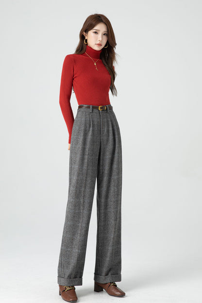 Gray Wool Wide Leg Pants – Vintage High Waist Winter Trousers with Pockets 5320