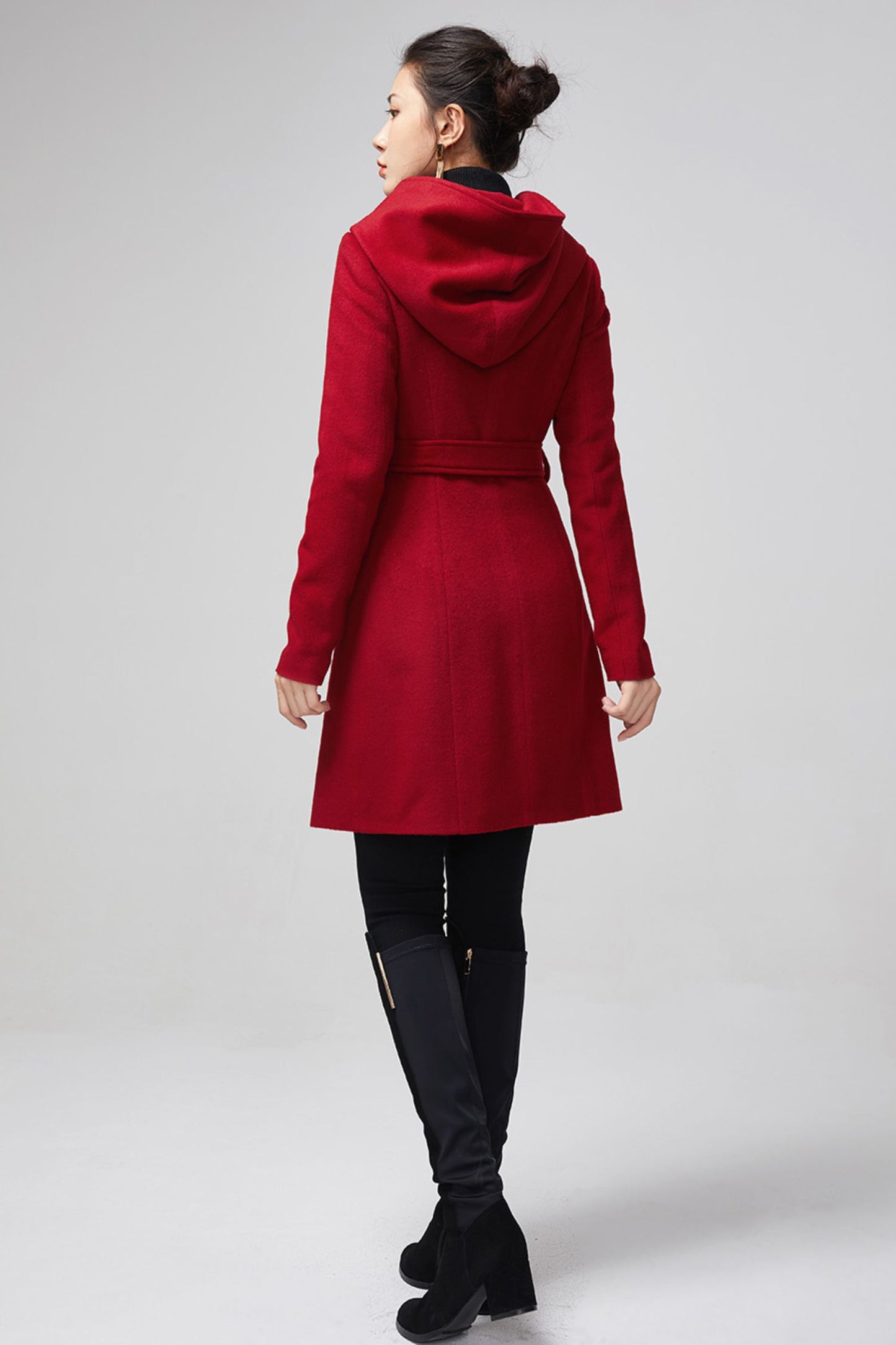 Women's Hooded Wool Coat - Double Breasted Red Winter Coat 5612