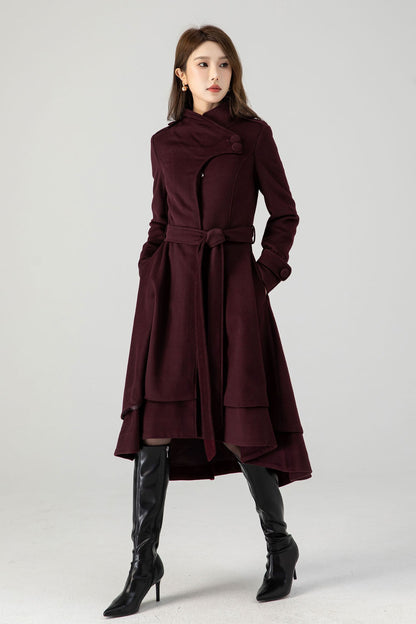 Burgundy Midi Asymmetrical Winter Wool coat 4603