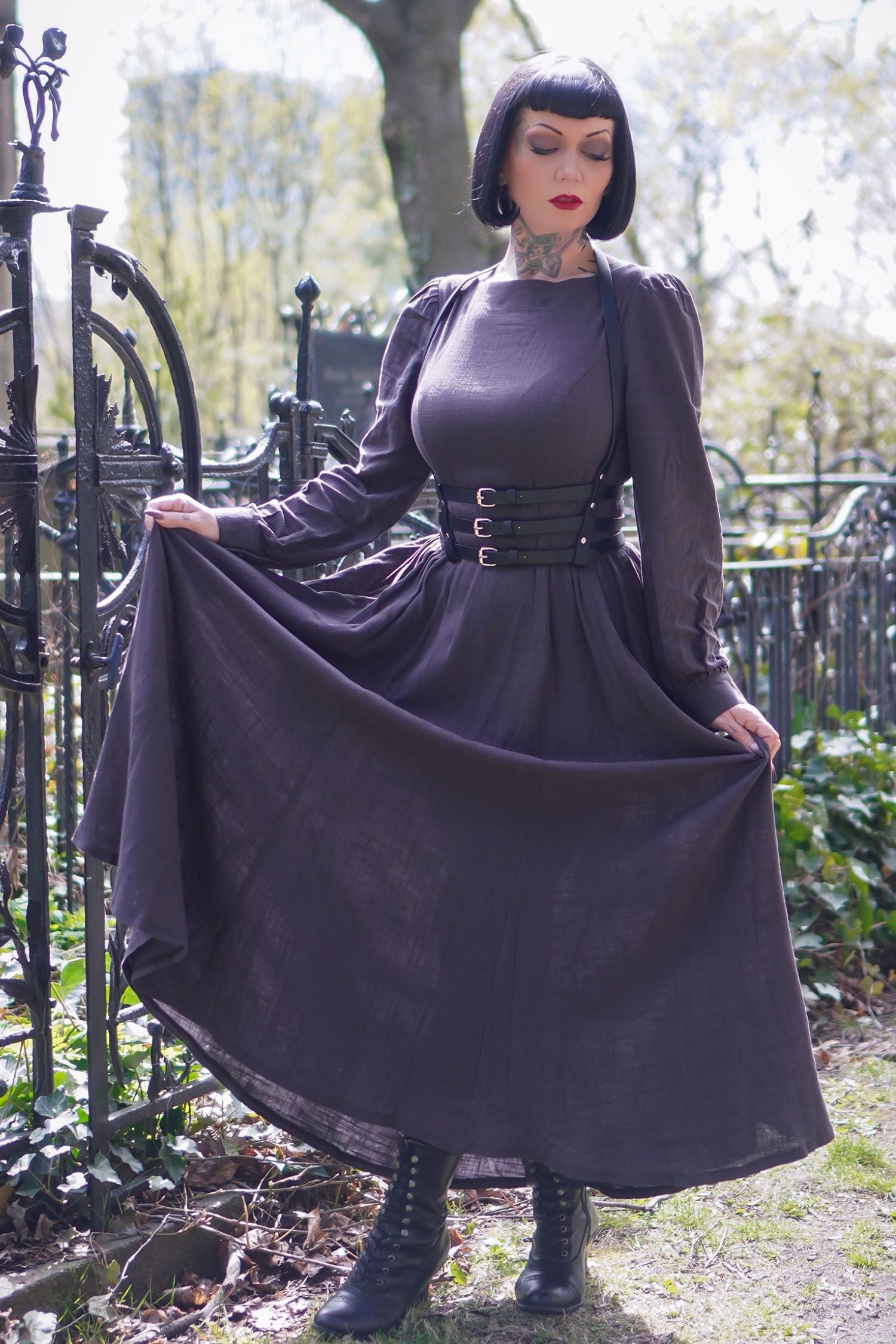 Grey Linen Maxi Dress - Vintage Inspired, Lantern Sleeves 3478