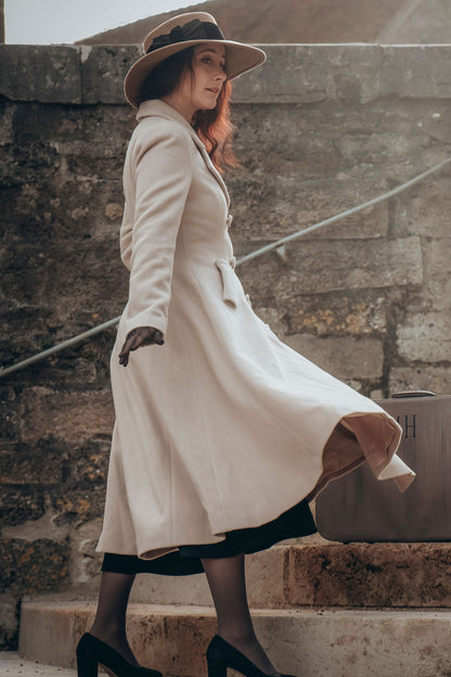 Cream White Wool Blend Coat - Double-Breasted A-Line Overcoat 3183