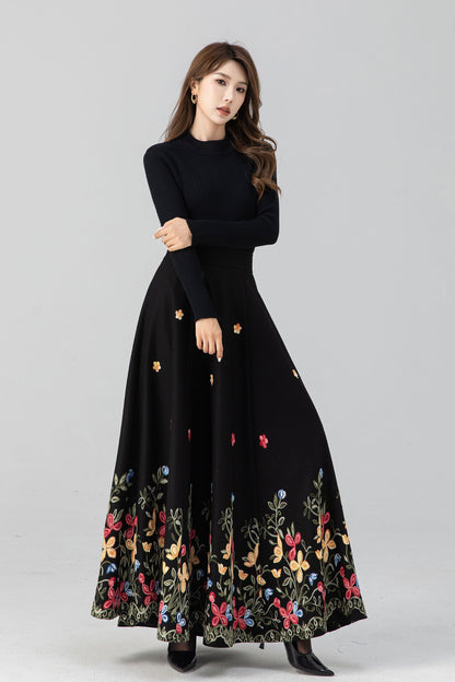 Classic Black Wool Maxi Skirt – Floral Embroidery Hem, A-Line – 5270