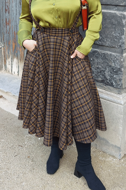 Brown Wool Plaid Midi Circle Skirt - Pleated, High Waist 4723