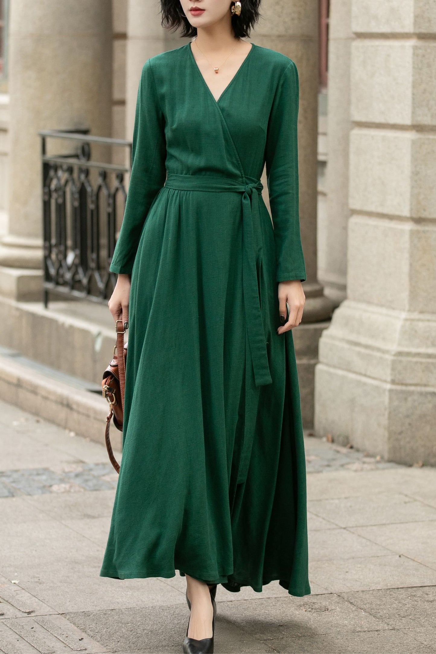 Green Wrap Linen Dress for Women 5673