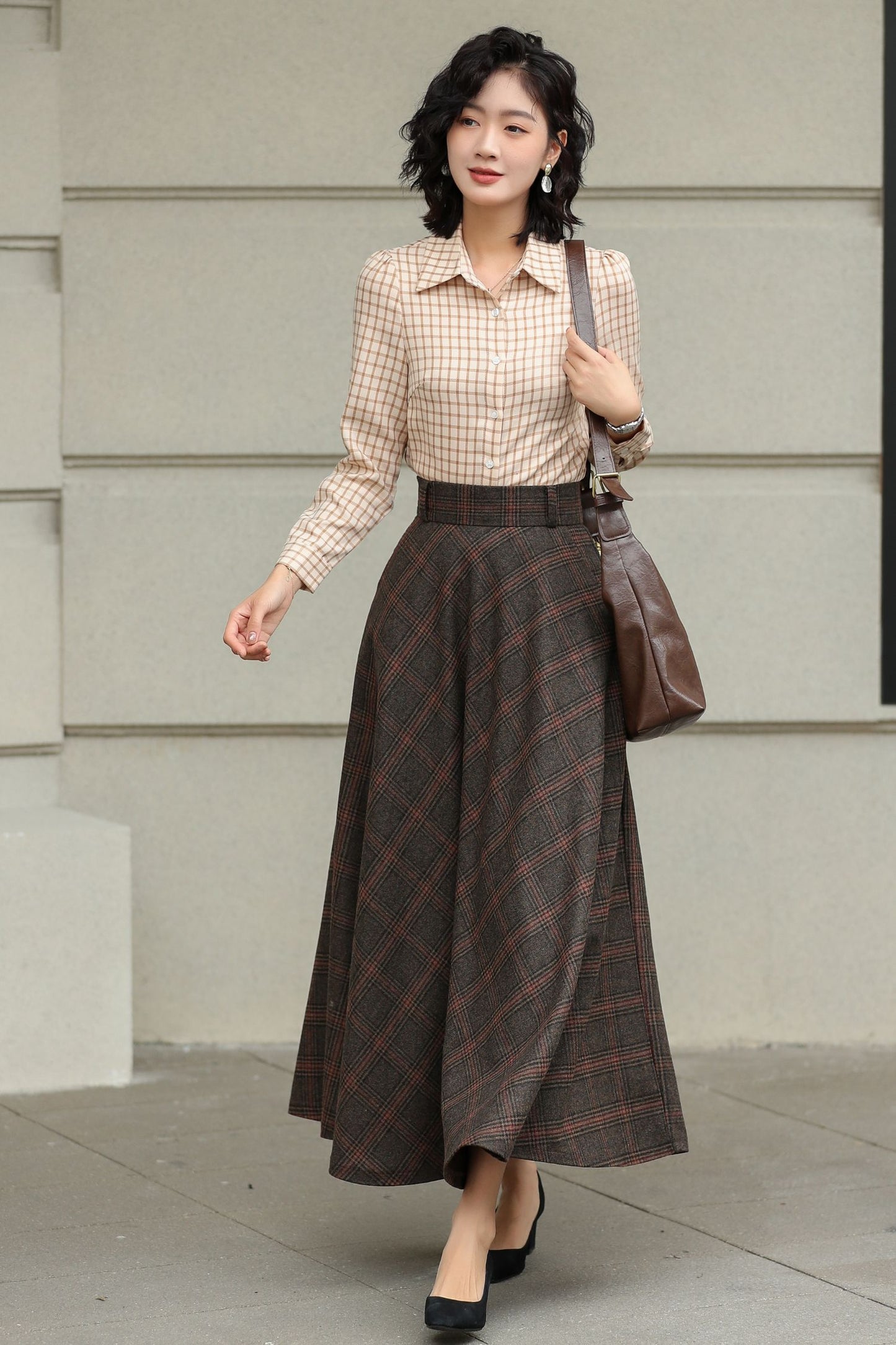 Handmade Dark Brown Plaid Wool Maxi Skirt – High Waist A-line Winter Elegance 6424