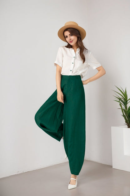 Green Linen Cotton Loose Wide Leg Pants - High Waist Relaxed Fit 5901