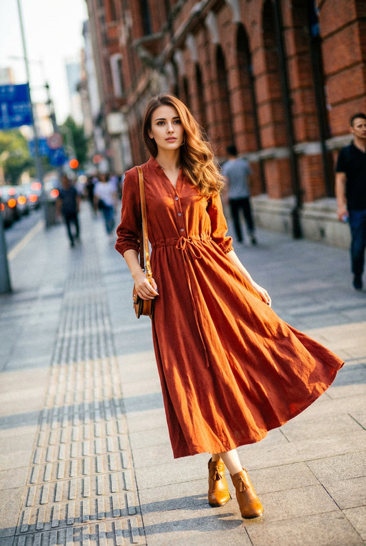 Rust Linen Maxi Shirt Dress with Drawstring Waist and Buttons | Xiaolizi 6634