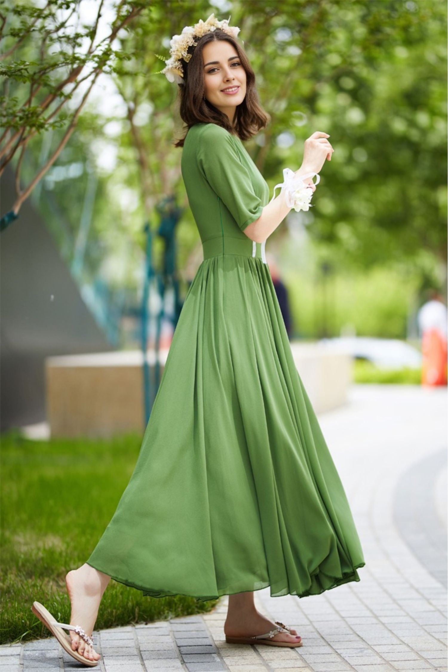 chinese dress ladies Maxi green swing chiffon dress women 5821 – Xiaolizi