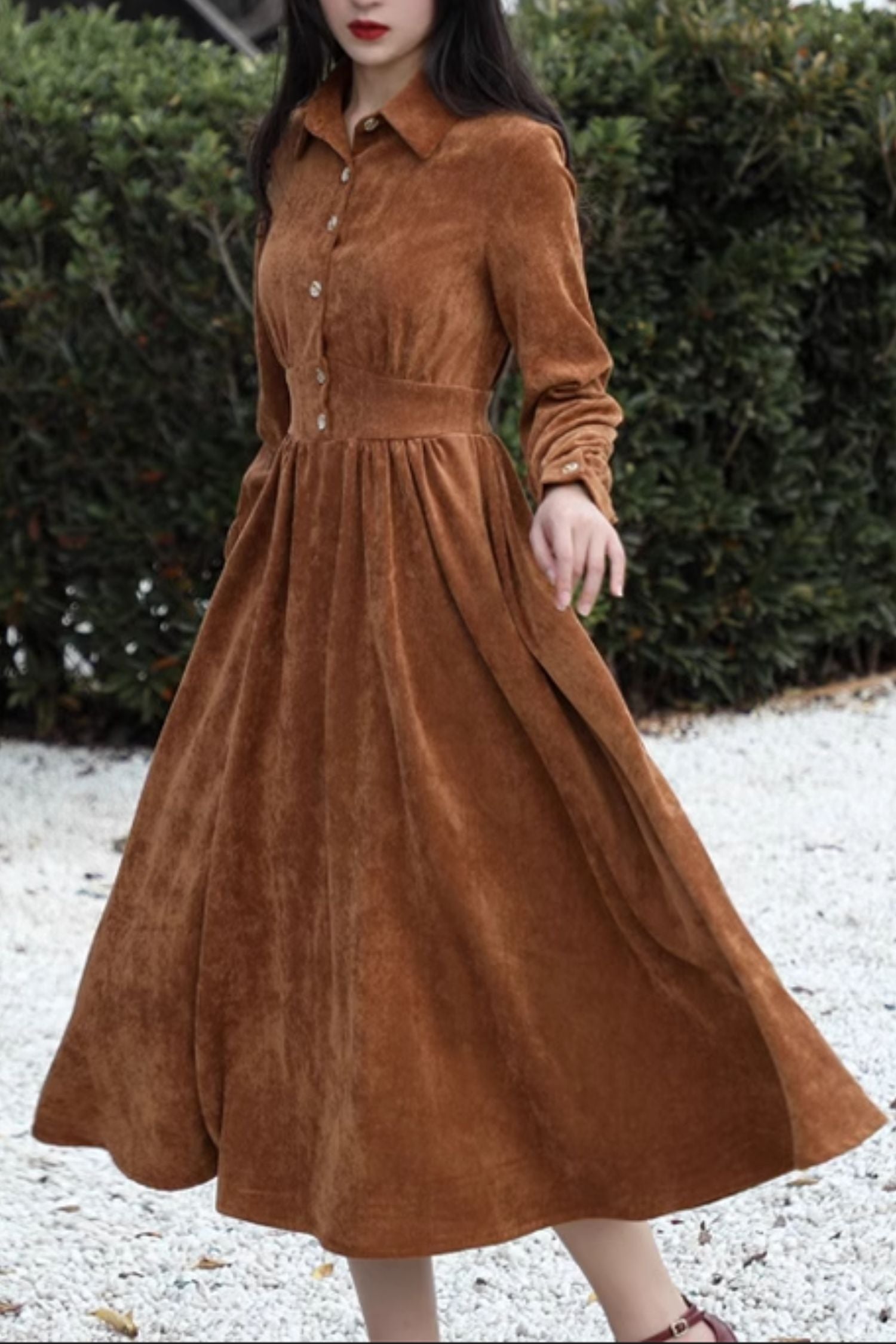 Brown Corduroy Midi Shirt Dress - Flowy Waist Detail 4805