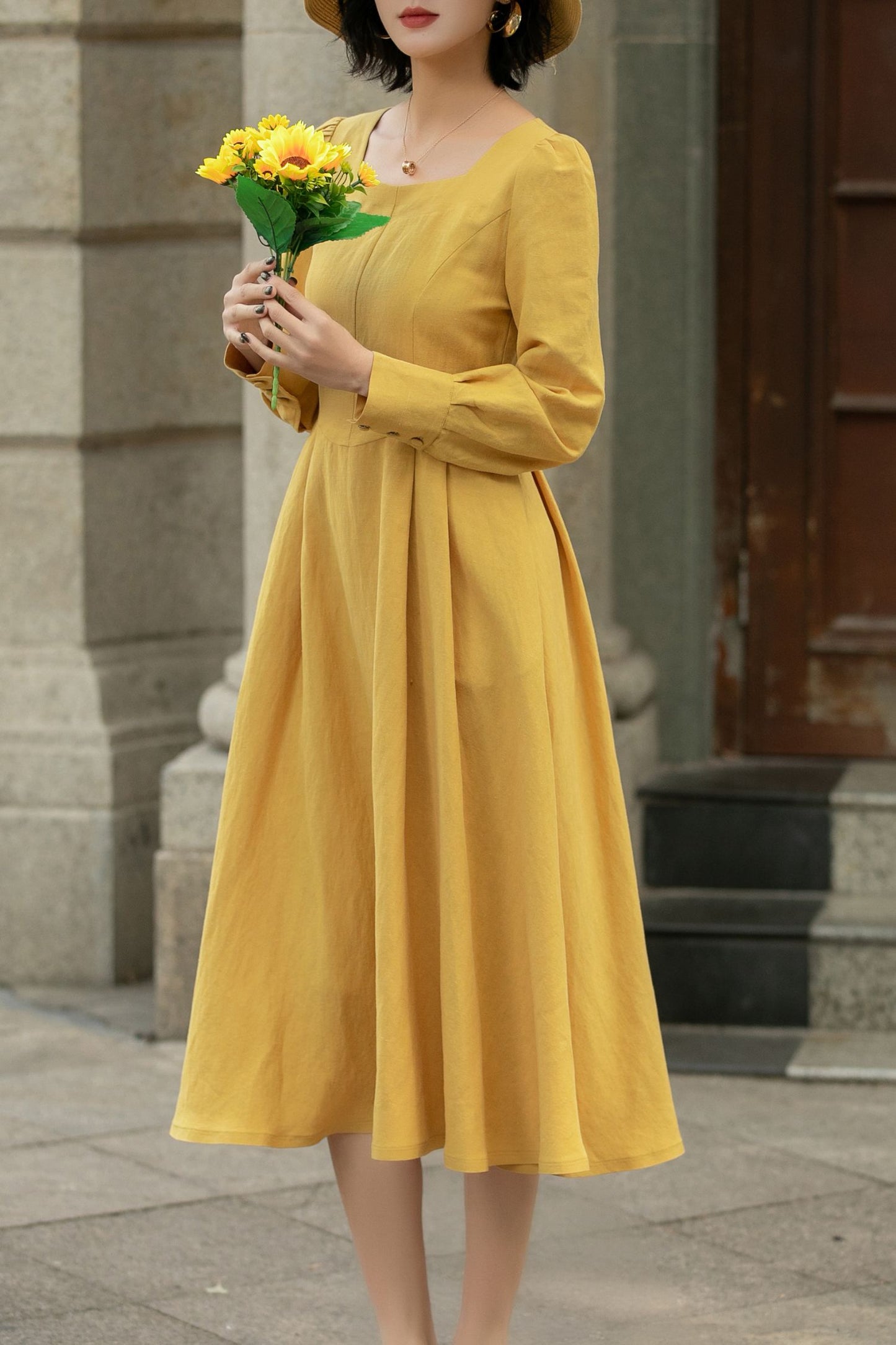 Spring A-Line Yellow Linen Dress women 5679