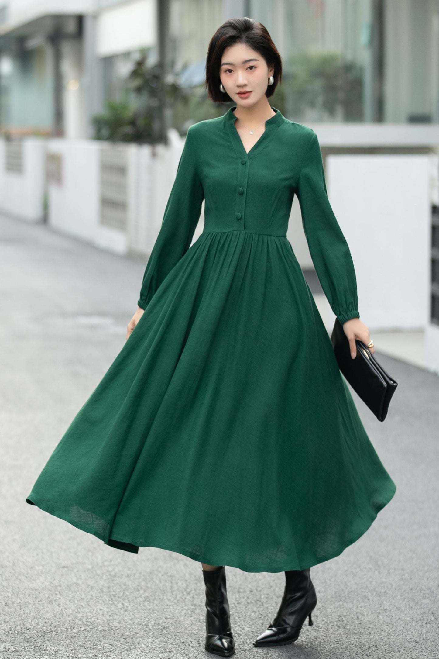 Green Linen Cotton Shirt Dress – Vintage Button-Up Midi Dress 6658