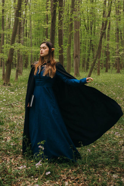 Navy Linen Maxi Dress - Fitted Waist with Square Neckline 3484