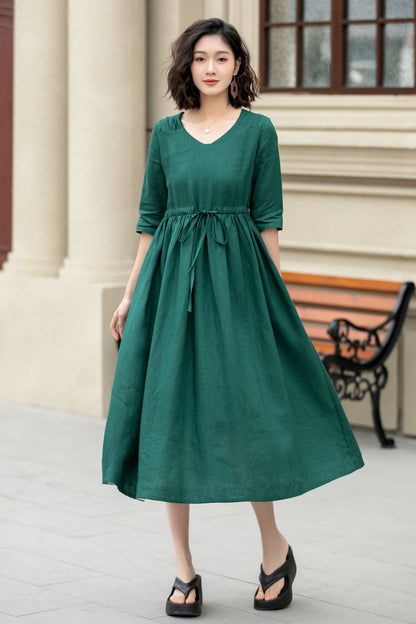Green midi linen dress with drawstring waist 4969