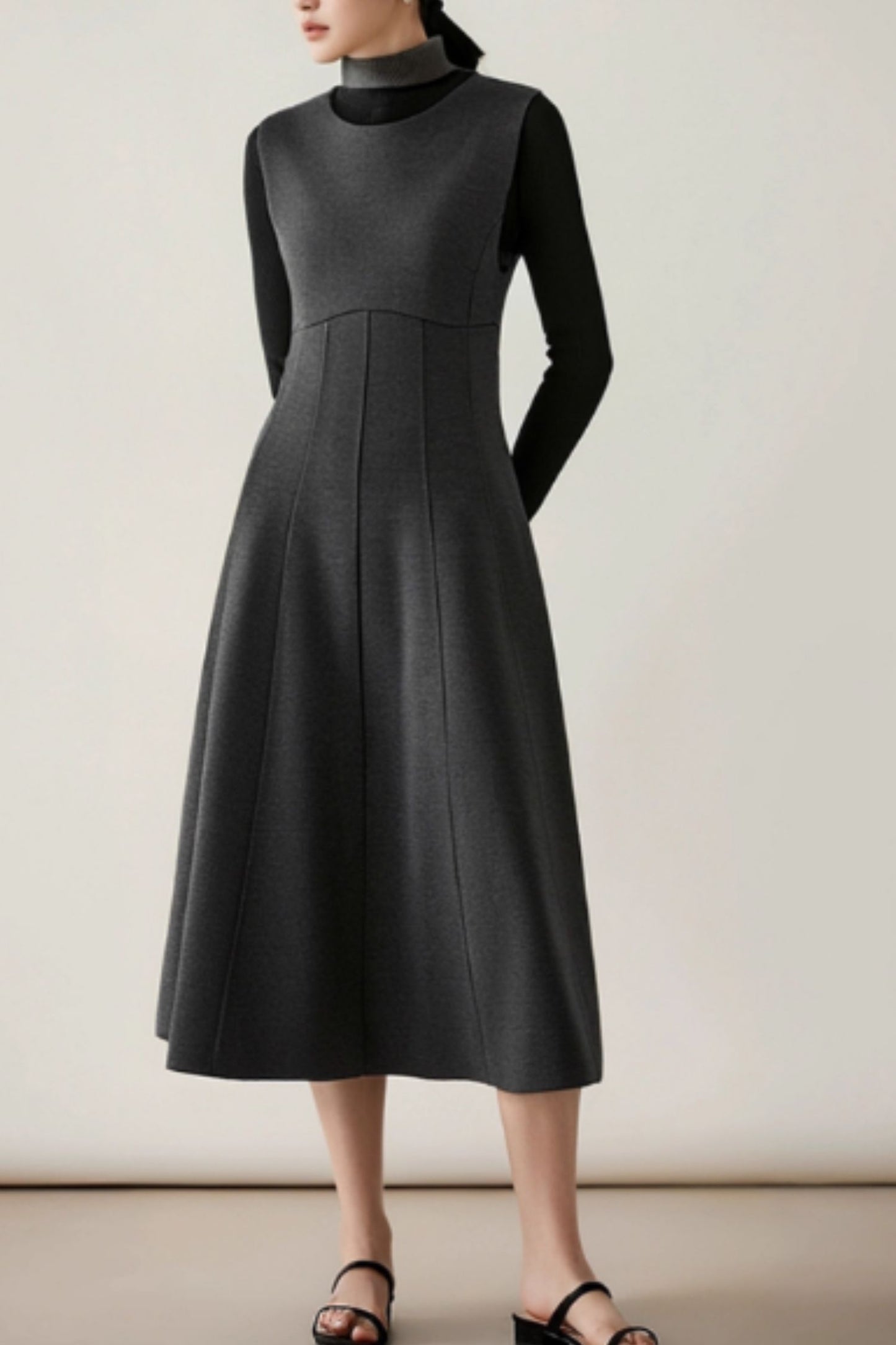 Sleeveless long gray wool dress women 6363