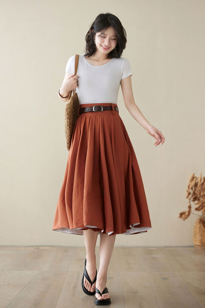 Dark Red Linen Pleated A-Line Skirt - High Waist Midi | Xiaolizi 4973