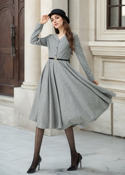 Gray Wool Midi Dress - Fit and Flare V-Neck Swing Silhouette 5304