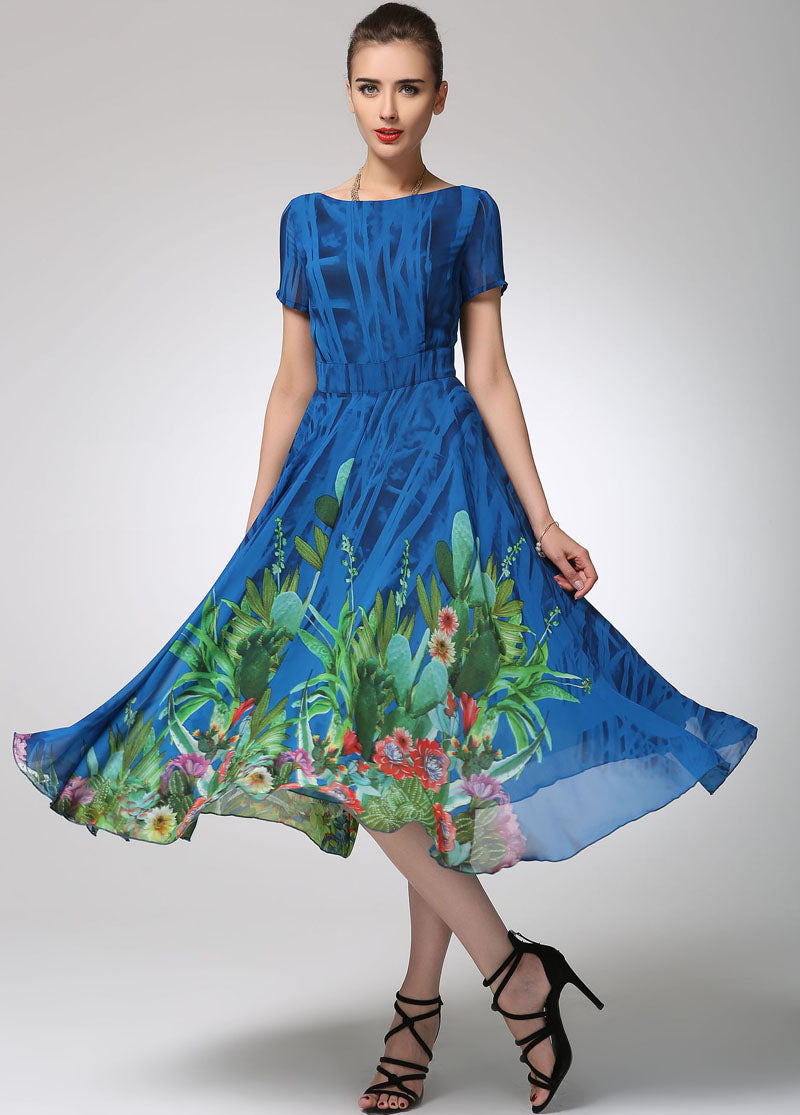 Blue Floral Chiffon Midi Dress for Women 1247