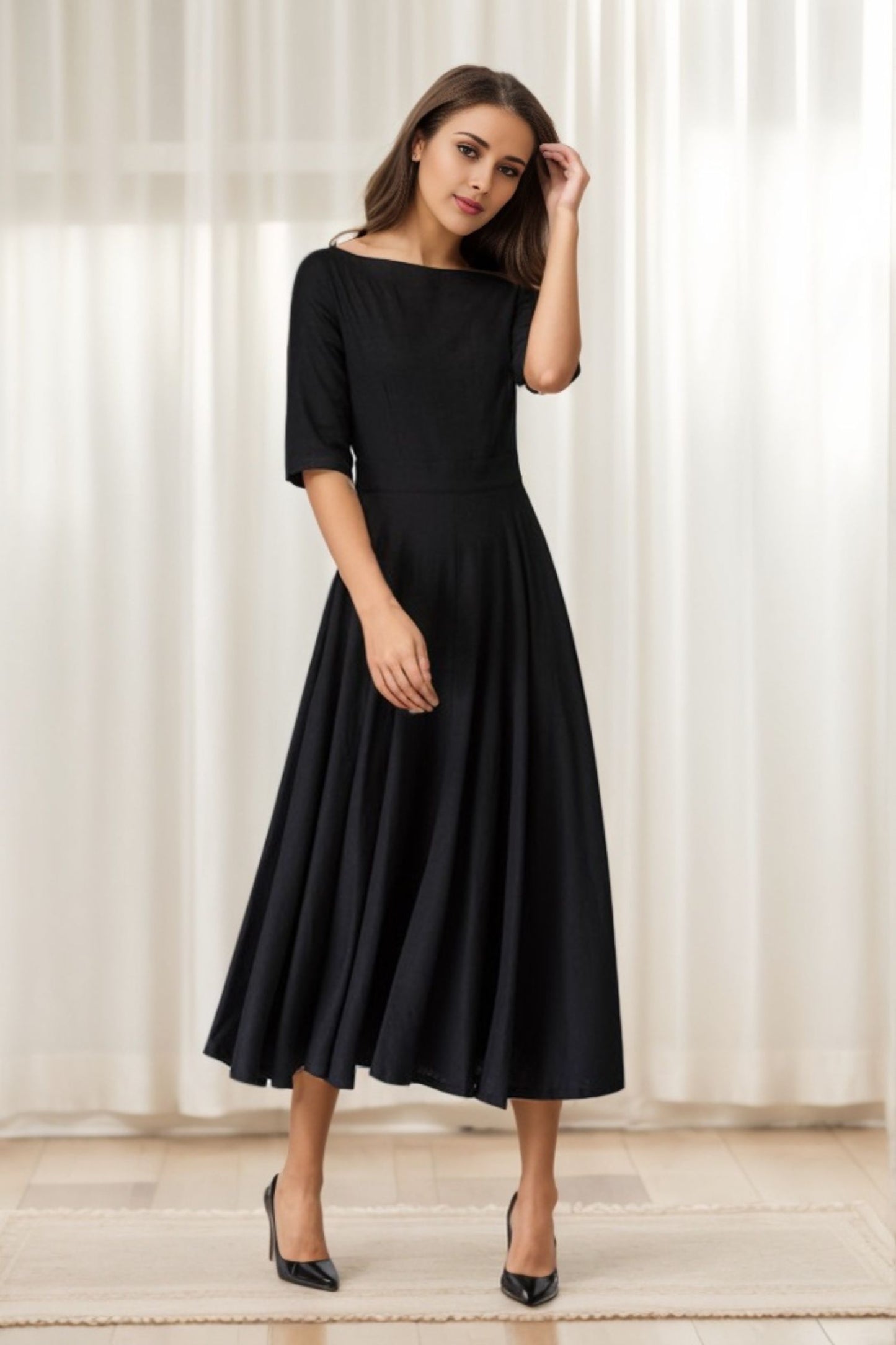 Black Linen Little Black Dress – Handmade Vintage Fit & Flare Midi Dress with Pockets | Xiaolizi 1458