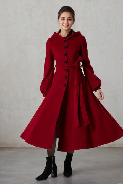 Burgundy Wool Coat Maxi Dress - Hooded, Lantern Sleeve, Tie Waist 1977