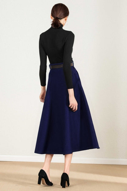 Navy Wool A-Line Maxi Skirt - Side Pockets, Zipper Closure 5234