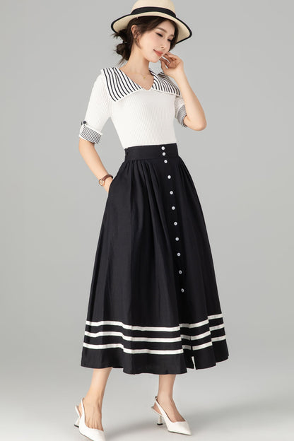 Stylish Button-Up Linen Skirt with Striped Hem 5712 -XS #CK2500362