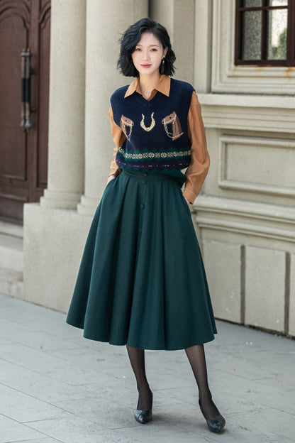 Dark Green Wool Midi Skirt - Flared A-Line with Elastic Waist 5311