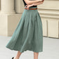 Pleated green midi summer linen skirt 4958