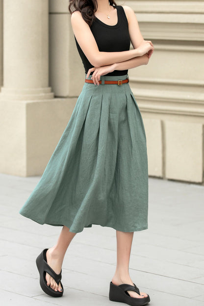 Green Linen Cotton Pleated Midi Skirt - A-Line Silhouette 4958