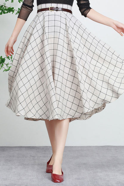 Plaid Linen Midi Skirt - High Waist Circle Swing Tartan | Xiaolizi 5738