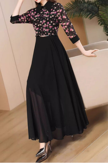 Black Polyester Maxi Dress - Floral Print, Fitted Waist 5061