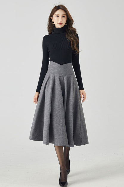 Handmade Deep Gray Wool Midi Skirt – Vintage V-Waist Circle Skirt for Winter Elegance 4534