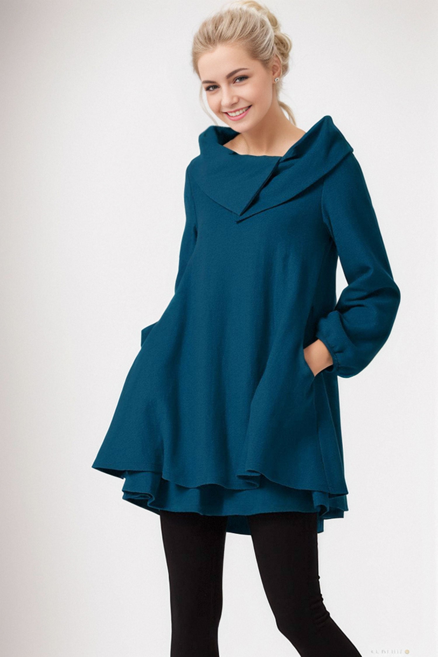 Artisan Wool Tunic Dress in Deep Teal Asymmetrical Collar Style 52 Xiaolizi Artisan Wool Tunic Dress in Deep Teal Asymmetrical Collar Style 52 Xiaolizi