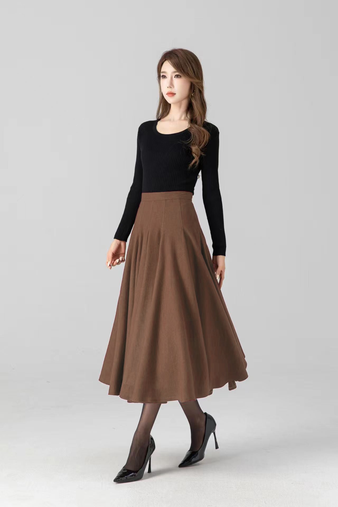Brown Wool Midi Skirt – High Waist Flared A-Line Skirt | Vintage Winter Style 5392