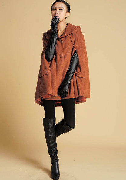 Vintage Wool Blend Cape – Brown Hooded Poncho Coat with Pockets | Xiaolizi 0390