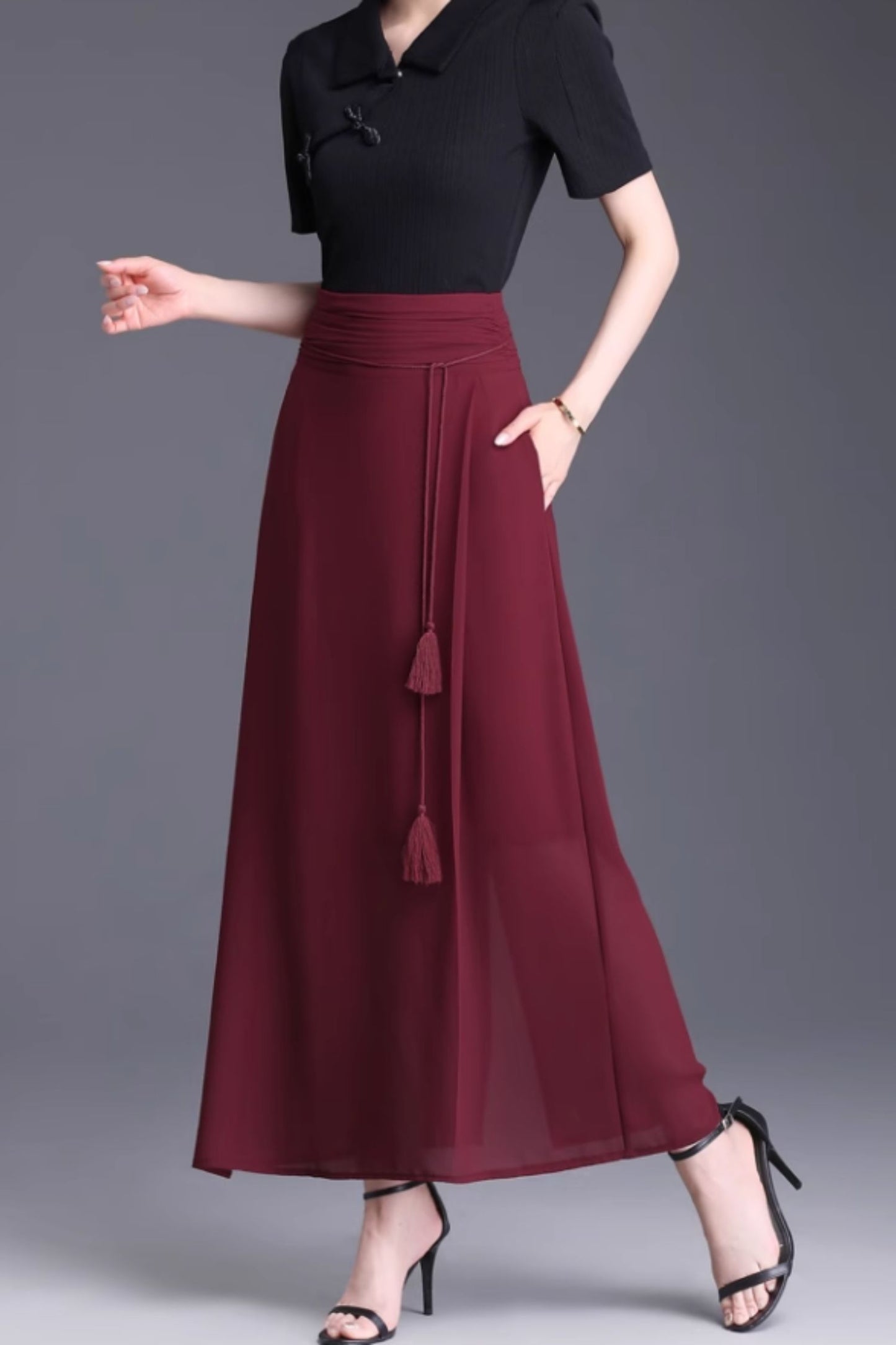 High waisted long chiffon summer skirt women 6132