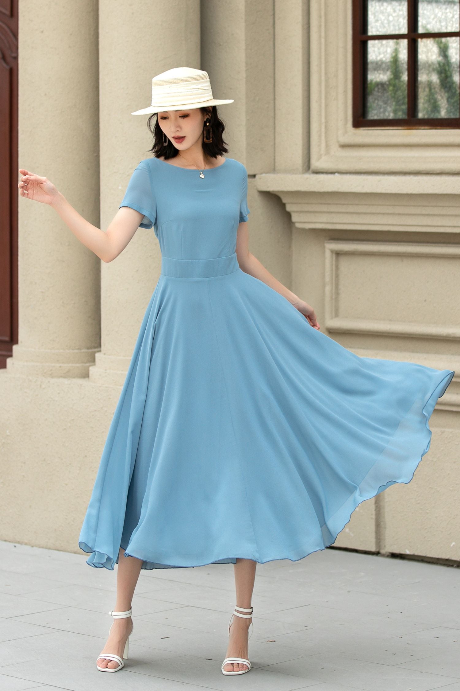 Blue Chiffon Midi Dress with Swing Silhouette and Fitted Waist – Xiaolizi