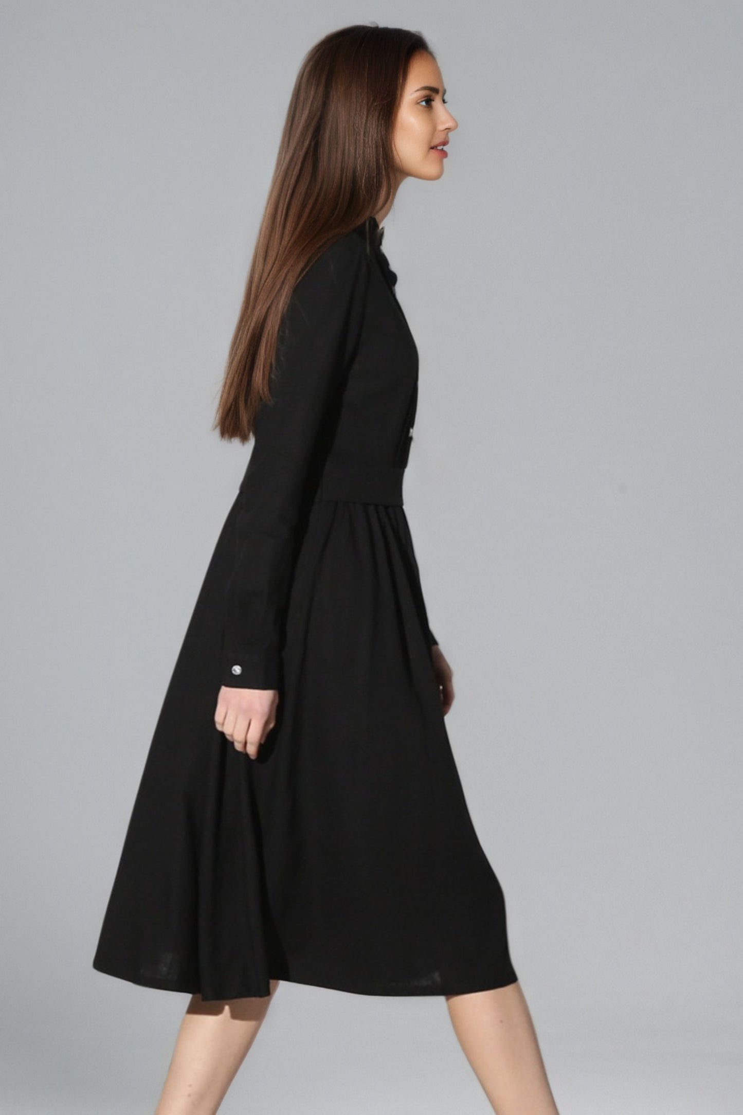 Xiaolizi Black Linen Midi Dress – Vintage Long Sleeve Pleated Dress 6349