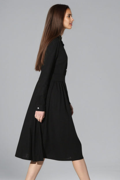 Xiaolizi Black Linen Midi Dress – Vintage Long Sleeve Pleated Dress 6349