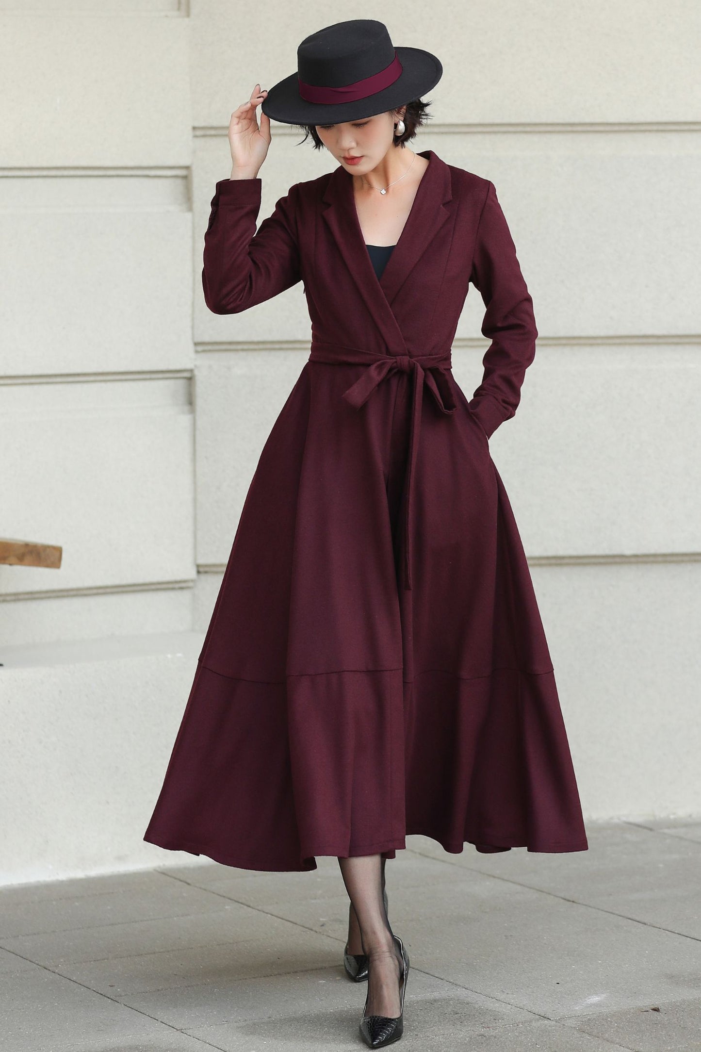 Burgundy Wool Wrap Midi Dress — Elegant Tie‑Waist A‑Line for Office 6512