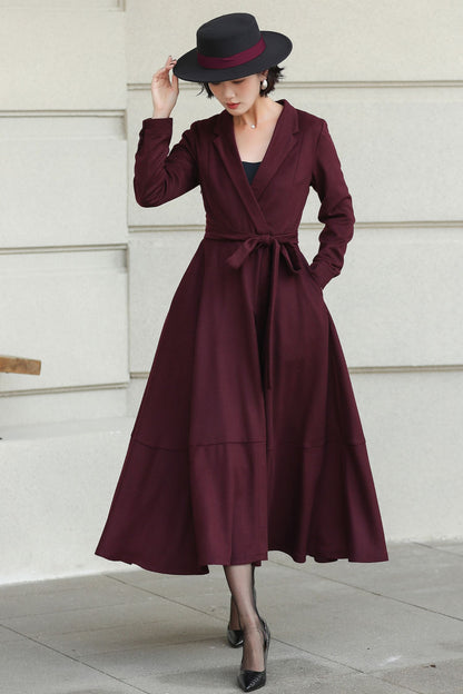 Burgundy Wool Wrap Midi Dress — Elegant Tie‑Waist A‑Line for Office 6512