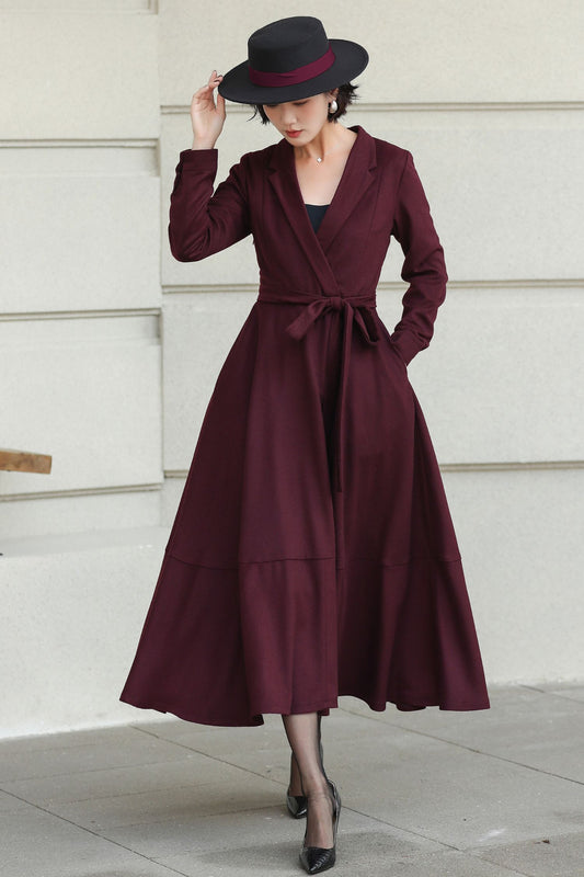 Burgundy Wool Wrap Midi Dress — Elegant Tie‑Waist A‑Line for Office 6512