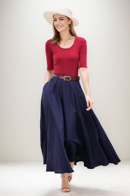 Navy a line Linen Maxi Skirt with Pockets  2778