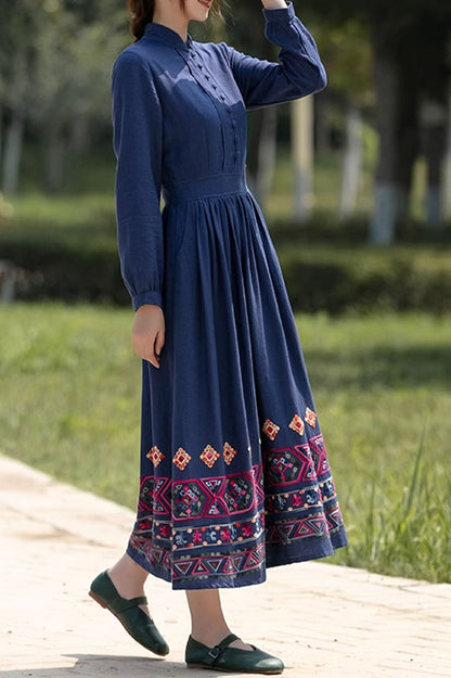 Blue Cotton Linen Midi Dress - Fitted Waist with Pockets 4820