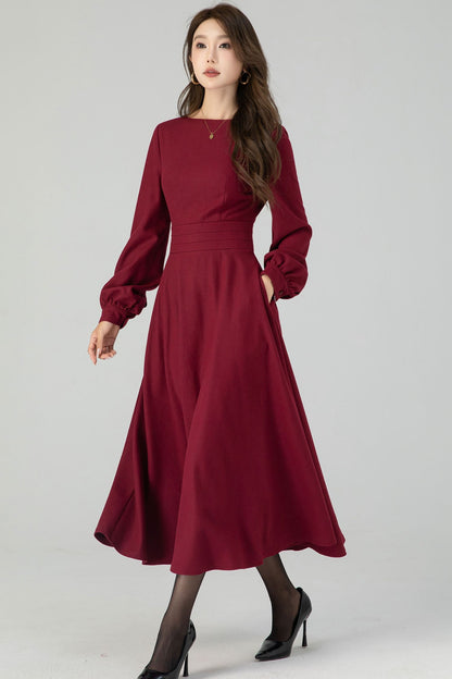 Green Wool Midi Dress - Lantern Sleeve, Swing Silhouette 4550