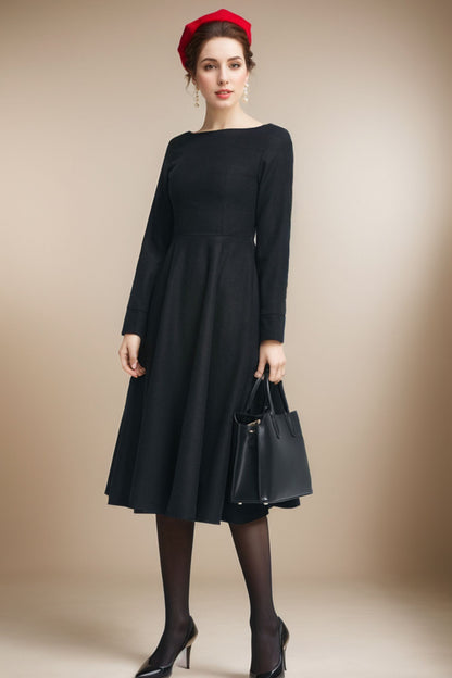 Black Wool Dress - Long Sleeve Boat Neck Midi Fit & Flare 5226