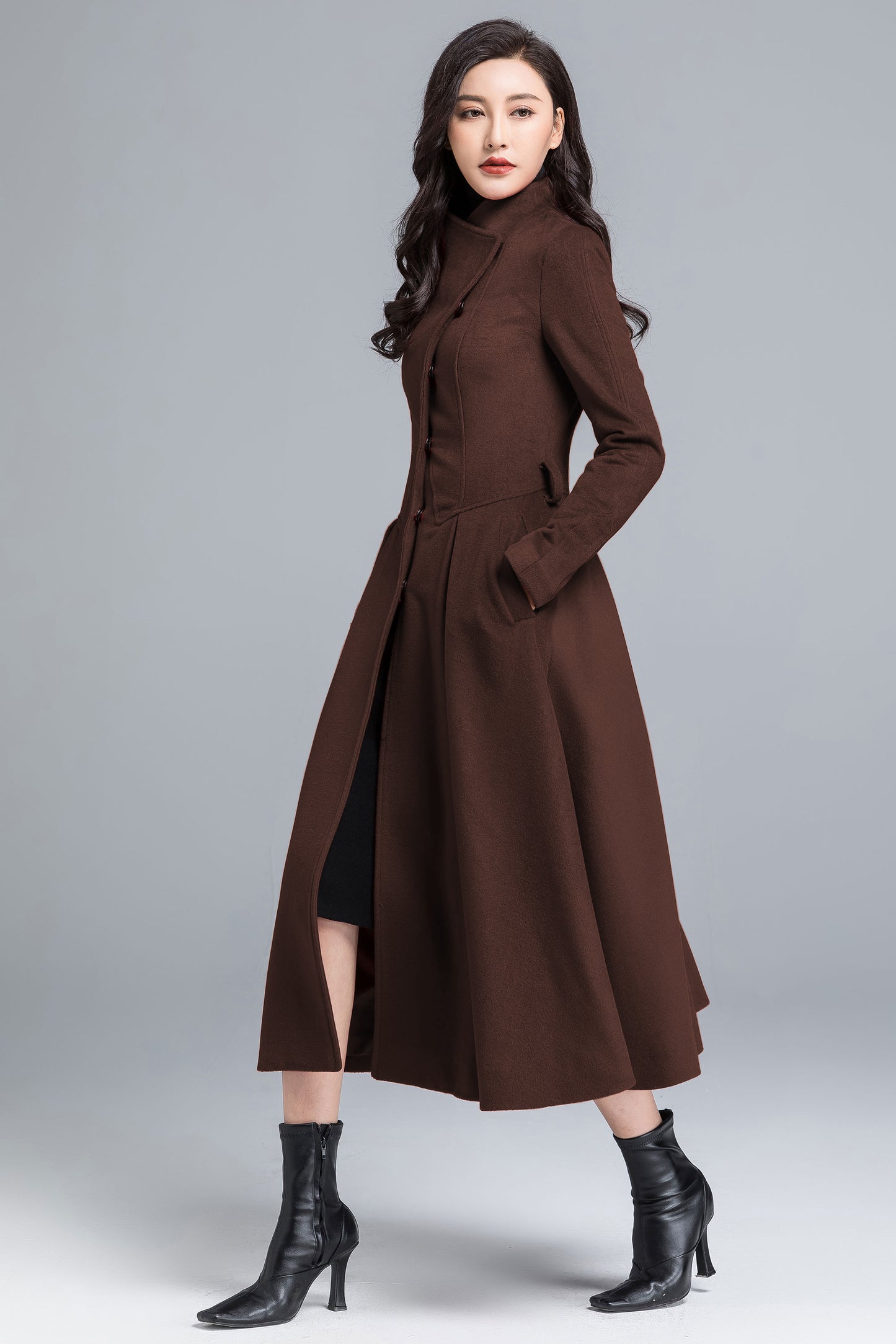 Vintage Wool Blend Coat – Handmade Brown Long Winter Coat with Belt | Xiaolizi 6303