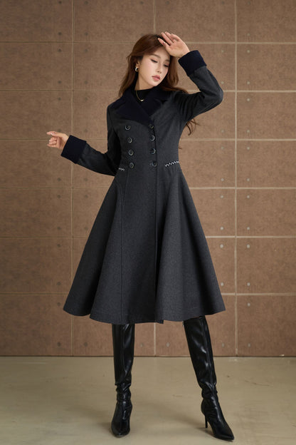 Charcoal Wool Fit and Flare Coat - Elegant Lapel Collar 5366