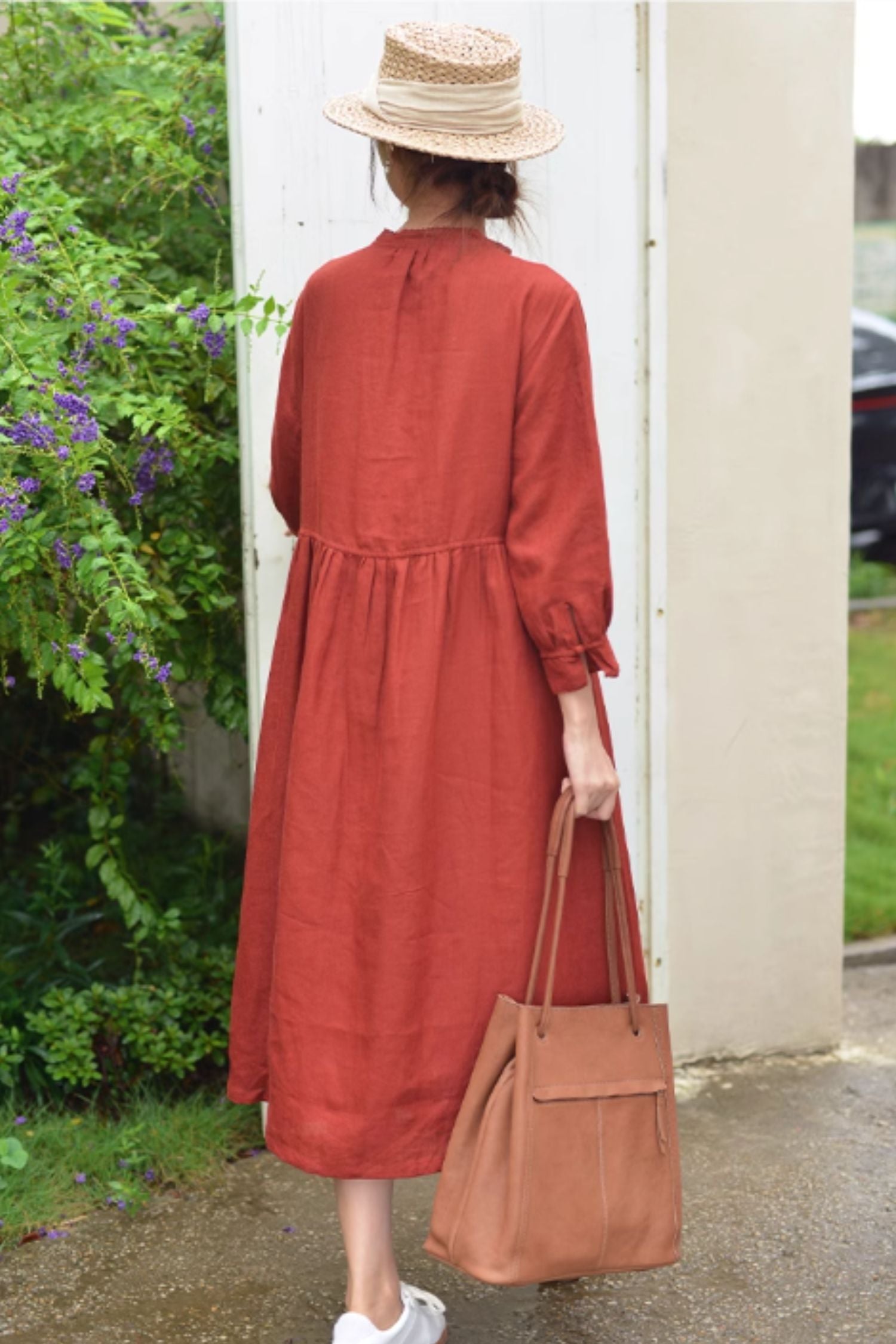 Long sleeves loose fitting linen dress 4817 - rust red / S Long sleeves loose fitting linen dress 4817 - rust red / S