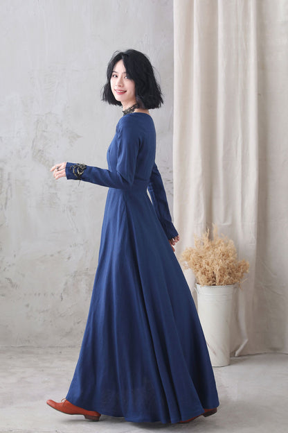 Navy Linen Maxi Dress - Fitted Waist with Square Neckline 3329