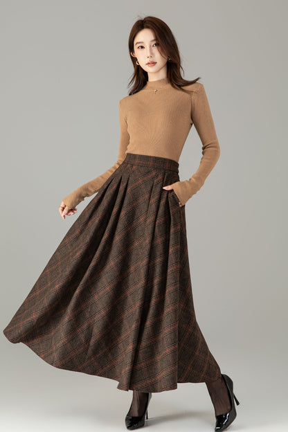 Handmade Wool Blend Plaid Skirt – Vintage Long A-Line Maxi for Autumn Winter 6505